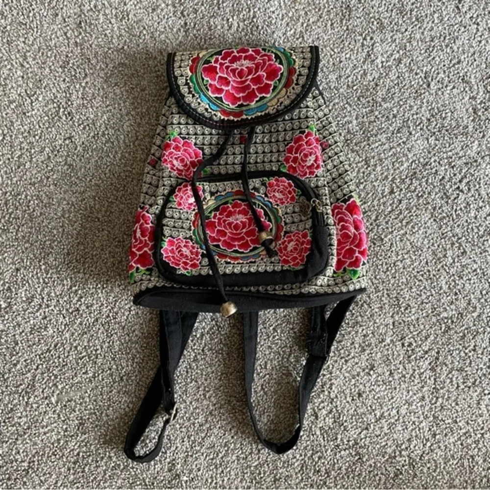 Embroidered Floral Small Backpack Drawstring Flap Over Fabric Ethnic Heritage